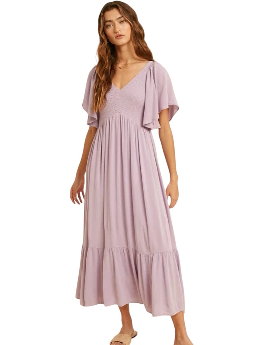 💜In Loom Women’s Lavender Purple Smocked Boho Flowy A-Line Midi Dress L